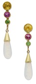 A pair of opal and gem-set ear pendants, set with a graduated row of circular-cut vari-coloured gemstones above opal...