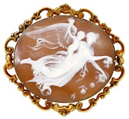 A 19th century shell cameo brooch, carved to depict ‘Day’, Eos scattering roses, her gaze fixed on a putto...