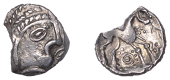 British Iron Age, ICENI, Uninscribed issues, silver Unit, Odin’s Eye [Ring] type, male head right, herringbone...