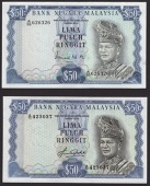 Bank Negara Malaysia, 50 Ringgit (2), ND (1976 & 1981), serial numbers A/95 626326 and B/74 423037, Ismail Mohd. Ali...