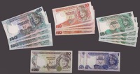 Bank Negara Malaysia, a group of the 1986-95 issue, 1 Ringgit (2), prefixes DE and GR, 5 Ringgit (4), prefixes NH,...