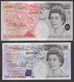 Bank of England, George M. Gill, £5, 7 June 1990, serial number A01 000707, and £20, 5 June 1991, serial number...