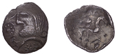 British Iron Age, ICENI, Uninscribed issues, silver Unit, Mossop Proto Head type, male head left with jutting jaw,...