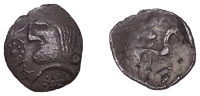 British Iron Age, ICENI, Uninscribed issues, silver Unit, Mossop Proto Head type, male head left with jutting jaw,...