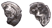 British Iron Age, TRINOVANTES, Uninscribed issues, silver Unit, Duck Helmet type, helmeted head left, rev. annulate...