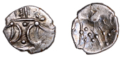 British Iron Age, ICENI, Ecen (c. AD 10-43), silver Unit, Edn type, double crescent emblem on vertical wreath, rev....