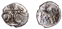 British Iron Age, ICENI, Ecen (c. AD 10-43), silver Unit, Edn type, double crescent emblem on vertical wreath, rev....
