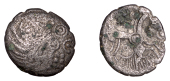 British Iron Age, BELGAE, Ex (c. 50-40 BC), silver Unit, Ex Head type, head left, [ex] above forehead, six pellets...