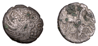 British Iron Age, BELGAE, Ex (c. 50-40 BC), silver Unit, Ex Head type, head left, [ex] above forehead, six pellets...