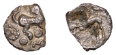 British Iron Age, CATUVELLAUNI, Uninscribed issues, silver Half Unit, Puckeridge Bird Hare type, uncertain animal,...
