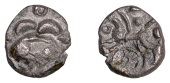 British Iron Age, EAST WILTSHIRE, Uninscribed issues, billon Unit, Potterne Moon Head type, moon head right, three...