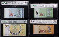 Bank Negara Malaysia, a group of later notes comprising 2, 10, and 50 Ringgit, 1996-99 issue, 50 Ringgit, 1998...