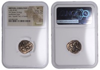 British Iron Age, CORIELTAVI, Uninscribed issues, gold Stater, Sunflower type, devolved head of Apollo right, in the...