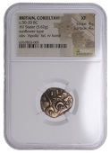 British Iron Age, CORIELTAVI, Uninscribed issues, gold Stater, Sunflower type, devolved head of Apollo right, in the...
