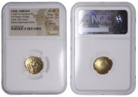 British Iron Age, GALLO-BELGIC, Ambiani, gold Stater, series E, Gallic War Uniface type, plain shallow dome, rev....