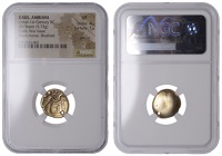 British Iron Age, GALLO-BELGIC, Ambiani, gold Stater, series E, Gallic War Uniface type, plain shallow dome, rev....