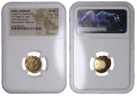British Iron Age, GALLO-BELGIC, Ambiani, gold Stater, series E, Gallic War Uniface type, plain shallow dome, rev....
