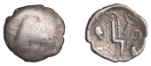 British Iron Age, DUROTRIGES, Uninscribed issues, silver Quarter-Stater, Badbury Rat type, trace of 'three men in a...