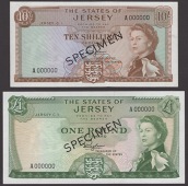 States of Jersey, specimen 10 Shillings, £1 and £5 (2), 1963, all serial number A000000, all Padgham signature,...
