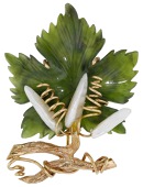 A nephrite and freshwater pearl spray brooch, realistically modelled as a carved nephrite vine leaf with freshwater...