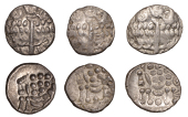 British Iron Age, DUROTRIGES, Uninscribed issues, silver Staters (3), Cranborne Chase type, devolved head of Apollo...