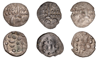 British Iron Age, DUROTRIGES, Uninscribed issues, billon Staters (3), Cranborne Chase type, devolved head of Apollo...