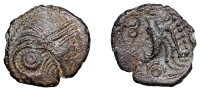 British Iron Age, REGINI, Uninscribed issues, bronze Unit, Chichester Cock type, helmeted head right, rev. cock...