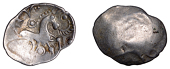 British Iron Age, ICENI, Uninscribed issues, silver Unit, Mossop Proto Head type, trace of male head left, rev....