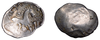 British Iron Age, ICENI, Uninscribed issues, silver Unit, Mossop Proto Head type, trace of male head left, rev....