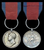 Waterloo 1815 (William Webb, 28th Regiment Foot.) fitted with original steel clip and ring suspension, edge bruising...