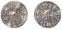 Kings of East Anglia, Æthelweard (c. 845-55), Penny, Æthelhelm, edelpard rex around cross pattée with crescent in...