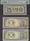Bank of Korea, South Korea, 50 Hwan, 1958, block number 2, also 1000 Hwan (2), 1961 and 1962, serial numbers...