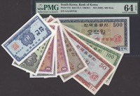 Bank of Korea, South Korea, 10 and 50 Jeon, 1 (2), 5, 10, 50, 100, and 500 Won, ND (1962), last note in PMG holder...