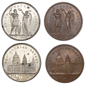 Peace of Amiens, 1802, medals (2) by J. G. Hancock in copper and white metal, Victory crowning George III, in Roman...