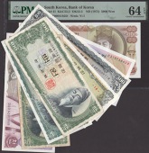 Bank of Korea, South Korea, 50, 100 (3), and 500 Won, 1966-69, also 500, 1000, and 5000 Won, 1972-75, last note in...