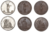 Peace of Amiens, 1802, medals (3) by J.G. Hancock, in copper (2) and white metal, Peace standing right, holding...