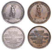 Germany, Treaty of Amiens, 1802, medals (2) by J.J. Neus in silver and copper, Peace hovering over sea, holding...