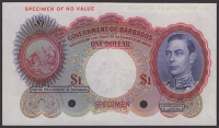 Government of Barbados, colour trial $1, ND (1938), without signatures or serial number, red SPECIMEN overprints,...