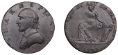 Evasion Halfpenny, 1792, in the name of William Shakespeare, draped bust right, rev. Hibernia seated left, hand on...