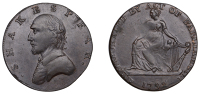 Evasion Halfpenny, 1792, in the name of William Shakespeare, draped bust right, rev. Hibernia seated left, hand on...