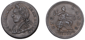Evasion Halfpenny in the name of William Shakespeare, draped and laureate head left, rev. Brtannia seated left,...