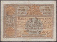 Bank of Scotland, £1, 4 February 1920 serial number 80/AK 3823, Macdonald signature, small hole at centre, but a...
