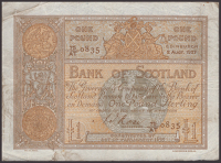 Bank of Scotland, £1, 2 August 1927, serial number 75/AT 0835, Jolly Rose signature, slightly dirty folds, but...