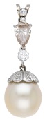 A cultured pearl and diamond pendant, the cultured pearl, measuring approximately 15mm, of yellow tint, beneath a...