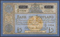 Bank of Scotland, deep blue essay for £5, 14 August 1962, serial number 10/N 1234, Bilsland and Watson signatures,...