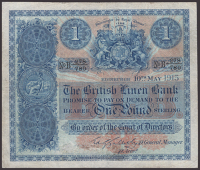 British Linen Bank, £1, 10 May 1915, serial number B 278/780, Galletly signature, pressed, second signature...