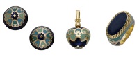 An Italian enamel suite by Fidia Gioielli, comprising ring, ear studs and pendant, the ring decorated in shades of...