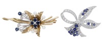 Two sapphire and diamond spray brooches, the first set with circular-cut sapphires, brilliant-cut diamonds and...