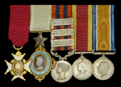 The mounted group of five miniature dress medals worn by Colonel T. F. B. Renny-Tailyour, C.B., C.S.I., late Survey...
