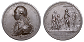 Defeat of Sultan Tippoo, 1792, a copper medal by C.H. Küchler, uniformed bust of Marquis Cornwallis left, rev....